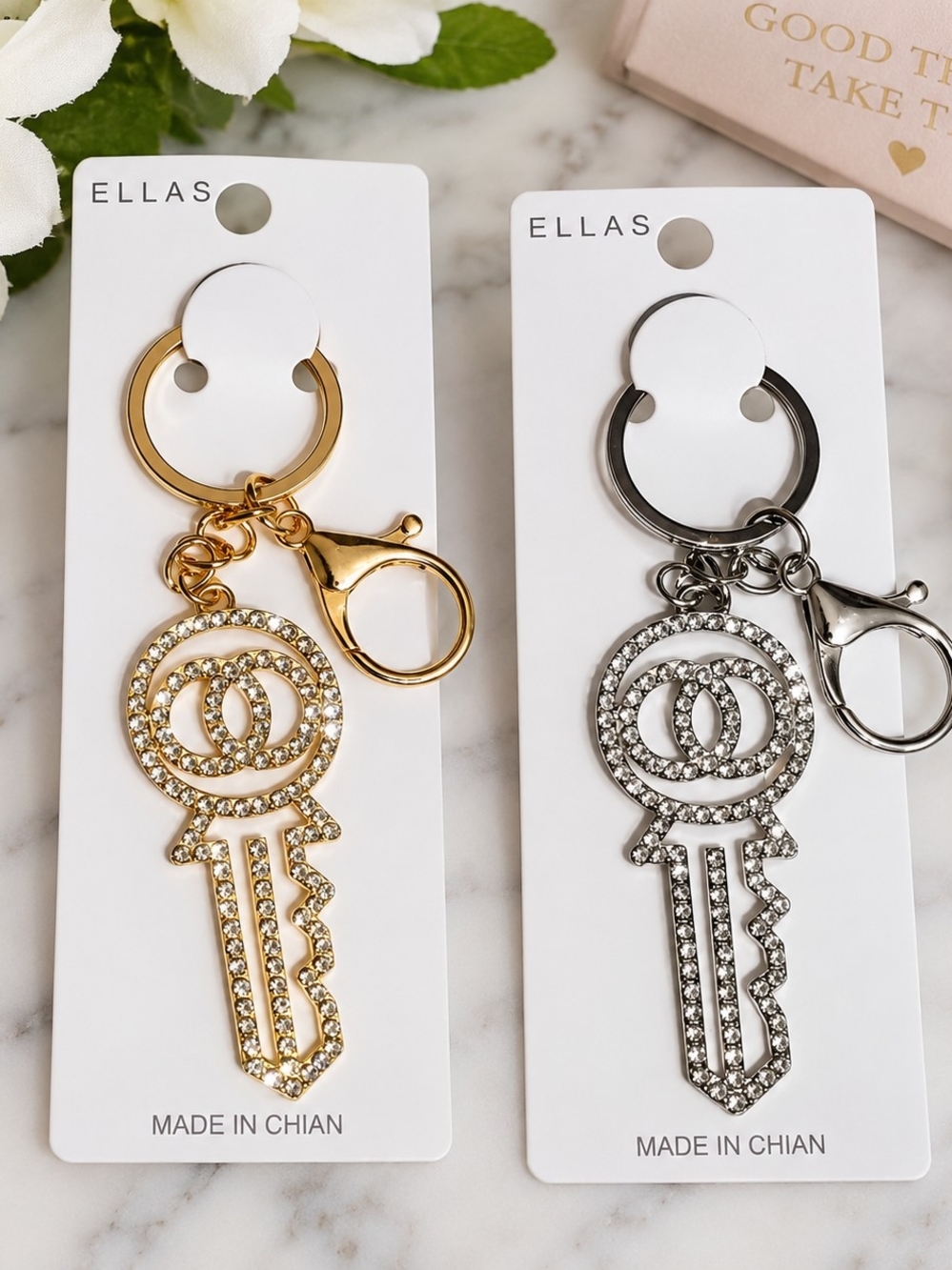 Ella Crystal Key Charm Keychain - Gold and Silver